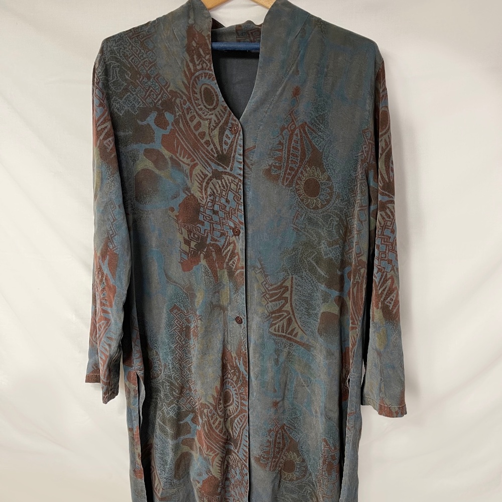 TIANELLO Africa Ethnic Tribal Duster Tunic button front M L USA jacket robe $160